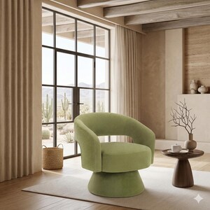 May include: A modern, swivel accent chair in a soft, light green fabric. The chair has a rounded back and armrests, and sits on a pedestal base. The chair is in a room with a large window, curtains, and a small side table.