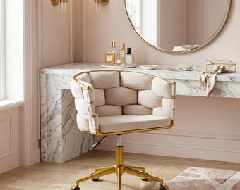 Beige Velvet Office Chair, Woven Gold Swivel Desk Seating, Adjustable Vanity Seat