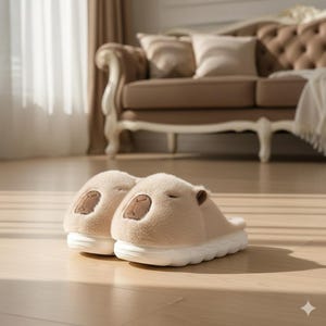 May include: A pair of beige plush slippers with a capybara design. The slippers have a white sole and a brown capybara face detail on the top. The slippers are on a wooden floor.