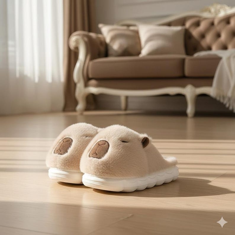 May include: A pair of beige plush slippers with a capybara design. The slippers have a white sole and a brown capybara face detail on the top. The slippers are on a wooden floor.