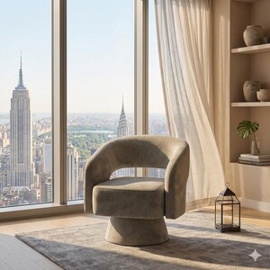 May include: A modern, curved armchair in a neutral beige hue. The chair features a rounded back and armrests, set on a pedestal base. The chair is placed on a gray rug in front of a large window with a city view.