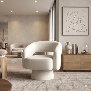 May include: A cream-colored swivel armchair with a rounded back and armrests. The chair has a soft, textured appearance and sits on a circular base. The interior design features a neutral color palette with a modern aesthetic.
