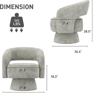 May include: A light gray swivel chair with a rounded back and seat. The chair is 28.5 inches high, 26.4 inches wide, and 21.6 inches deep. The seat is 21.3 inches wide and 18.3 inches high. It can support up to 300 lbs.