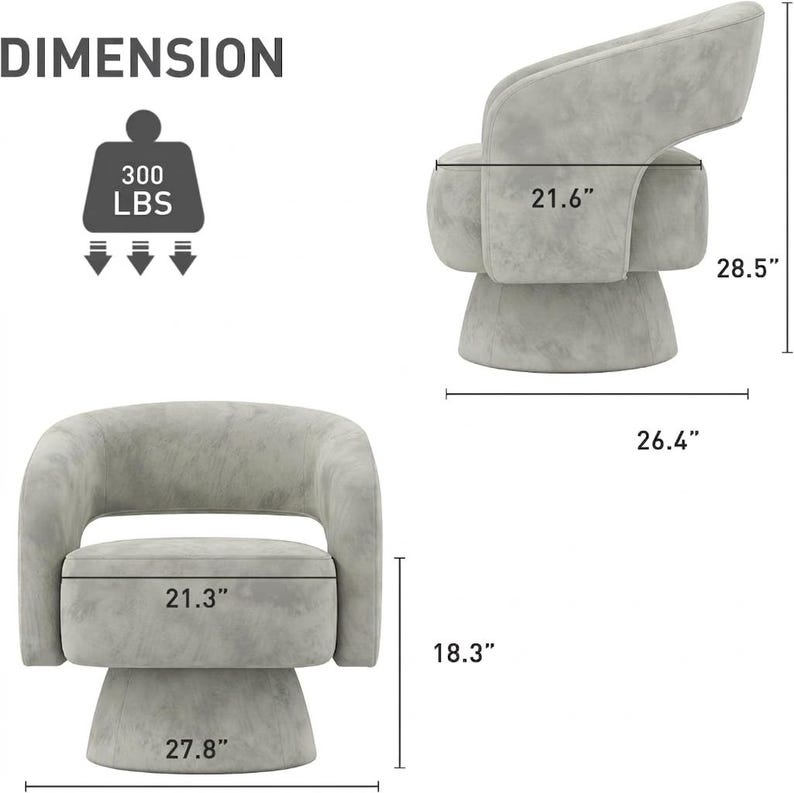 May include: A light gray swivel chair with a rounded back and seat. The chair is 28.5 inches high, 26.4 inches wide, and 21.6 inches deep. The seat is 21.3 inches wide and 18.3 inches high. It can support up to 300 lbs.