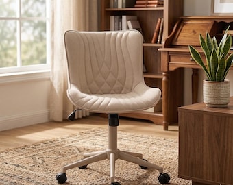 Cream Armless Office Chair, Upholstered Swivel Task Seat, Adjustable Height Metal Base