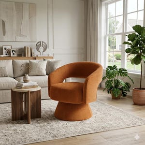 May include: An orange swivel chair with a rounded back and armrests. The chair sits on a pedestal base. The chair is in a living room setting with a sofa, side table, and plants.