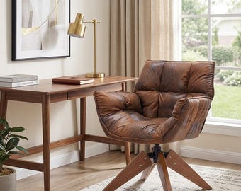 Mid Century Accent Chair, Hot Stamping Upholstered Seat, Modern Vanity Desk Armchair with Wood Legs for Living Room Bedroom Reading Space