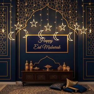 Op de afbeelding: Een feestelijk interieur met een marineblauwe muur versierd met gouden randen en lichtslingers in de vorm van sterren en halve manen. De woorden "Happy Eid Mubarak" staan op een marineblauwe achtergrond. Een houten kast bevat decoratieve lantaarns en een schaal met dadels.