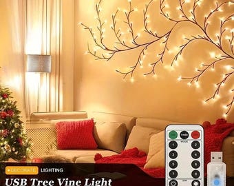 May include: A USB-powered tree vine light featuring flexible dark branches adorned with small warm white LED lights. The set includes a remote control with eight lighting modes, brightness adjustment buttons, and a timer function for illumination.