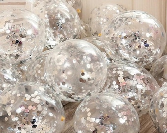 Silver Confetti Sequin Balloons | 12 Inch Latex Party Balloons | Wedding Baby Shower Birthday Backdrop Decoration Set