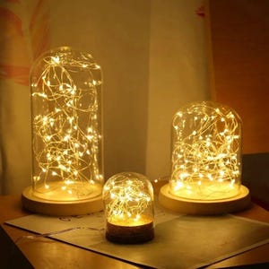 May include: Three decorative glass cloches with warm white fairy lights. The cloches sit on wooden bases, with one on a cork base. The lights are illuminated, creating a cozy ambiance. The arrangement is on a table.