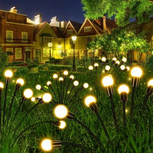 May include: A nighttime outdoor scene featuring illuminated garden lights. The lights have a warm, yellow glow and are arranged in clusters among green grass. Buildings and trees are visible in the background, with streetlights adding to the ambiance.