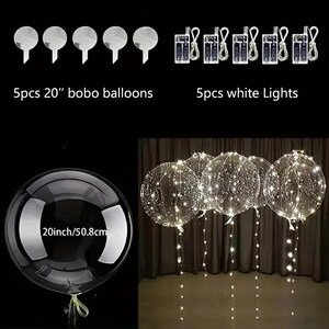 May include: Clear 20-inch (50.8 cm) bobo balloons with white lights. The image shows a set of five balloons with lights, along with five sets of white lights and five balloon accessories.