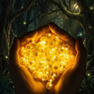 Puede incluir: Un par de manos sostienen un grupo de luces esféricas brillantes. Las luces emiten un brillo dorado y cálido, creando un resplandor suave y acogedor. El fondo presenta un entorno de bosque oscuro y exuberante.