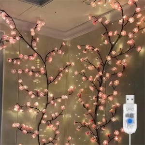 May include: Artificial cherry blossom branches with pink flowers and warm white lights. The branches are dark brown and are connected to a USB power source with a blue light.