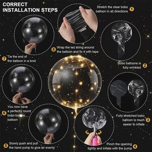 May include: Diagram illustrating the correct installation steps for a clear bobo balloon with LED lights. Instructions include stretching the balloon, inflating it with a pump, and wrapping the LED string. Text includes "Correct Installation Steps".