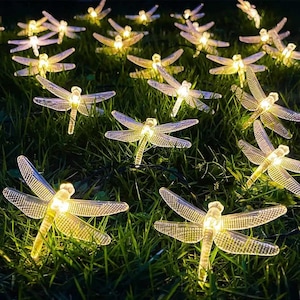 Può includere: Un gruppo di luci a forma di libellula illuminate su erba verde. Le libellule hanno ali trasparenti e strutturate che emettono una calda luce gialla. Le luci sono collegate, creando un'illuminazione decorativa per esterni.