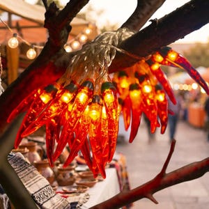 Puede incluir: Una cadena de luces decorativas con forma de pimientos rojos, cada uno con un brillo naranja cálido. Las luces están ensartadas en un cable transparente y cuelgan de una rama de árbol. El fondo está borroso, sugiriendo un mercado al aire libre.