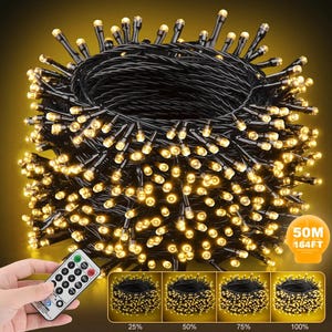 May include: A coiled set of warm white LED string lights on a black wire. The image includes a remote control and a graphic indicating 50 metres of lights. Additional graphics show the lights at 25%, 50%, 75%, and 100% brightness.