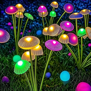 May include: A vibrant image of illuminated mushroom-shaped lights in a grassy setting. The caps of the mushrooms glow in shades of yellow, pink, purple, and green. The stems are green, and the background is a dark blue.