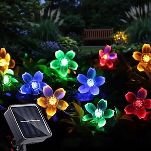 May include: Solar-powered flower lights in various colors, including blue, green, red, and yellow, illuminate a garden setting. A small solar panel is visible in the foreground. The lights are arranged among green foliage, creating a decorative outdoor lighting display.