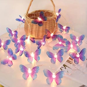 Könnte beinhalten: Eine LED-Lichterkette mit durchscheinenden, schmetterlingsförmigen Ornamenten in Lila- und Blautönen. Jeder Schmetterling enthält in der Mitte ein kleines, hell leuchtendes weißes Licht. Die Lichterkette ist um einen geflochtenen Weidenkorb drapiert.