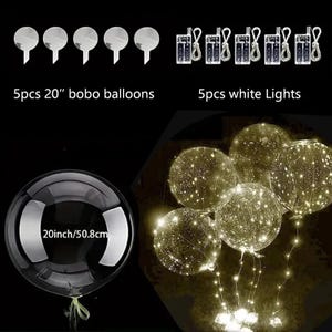 May include: A set of clear 20-inch (50.8 cm) bobo balloons with white string lights. The image shows five balloons with lights, along with five additional balloons and five sets of lights. Text on the image reads "5pcs 20" bobo balloons" and "5pcs white Lights."