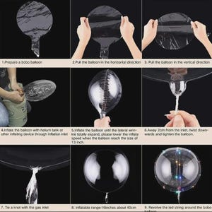 May include: Step-by-step instructions for inflating and preparing a clear bobo balloon. The process includes stretching, inflating with helium, knotting, and adding LED string lights. The balloon inflates to approximately 16 inches.