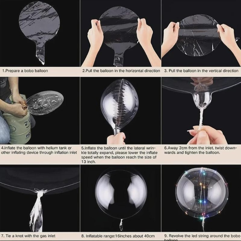 May include: Step-by-step instructions for inflating and preparing a clear bobo balloon. The process includes stretching, inflating with helium, knotting, and adding LED string lights. The balloon inflates to approximately 16 inches.
