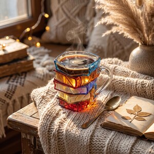 Può includere: Una tazza in vetro trasparente a forma di pila di quattro libri colorati, riempita di caffè nero fumante. La tazza presenta un manico trasparente e dettagli di dorsi di libri in colori vivaci rosso, giallo, blu e arancione. Un cucchiaio di metallo è appoggiato accanto.