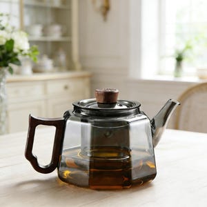 May include: A clear glass teapot with a dark wooden handle and lid. The teapot has a stainless steel rim and spout. The tea inside is a rich amber color. The teapot is sitting on a light-colored wooden table.