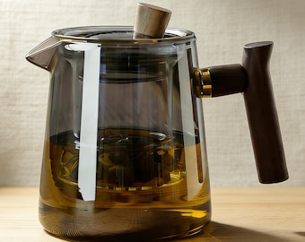 Heat-Resistant Glass Teapot with Removable Infuser – Wood Handle & Matching Cups Set | 500ML/650ML, 2/4Cups Options