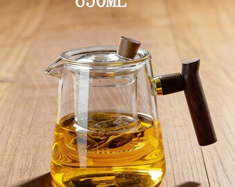 Heat-Resistant Borosilicate Glass Teapot, Wood Handle, Removable Infuser (650ml)