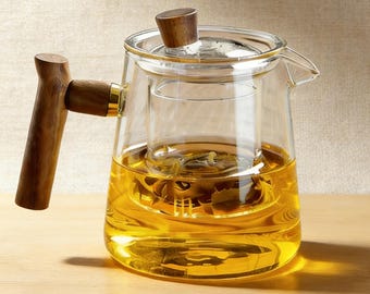 Heat-Resistant Glass Teapot w/ Removable Infuser – Eagle Spout, Wood Handle, Glass Liner| Loose Leaf/Blooming Tea Maker | 500/650/850ML