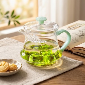 May include: A clear glass teapot with a light mint green handle and a matching lid featuring a textured knob. The teapot contains steeped green tea leaves in water, and a clear glass infuser is visible inside the main body of the vessel.