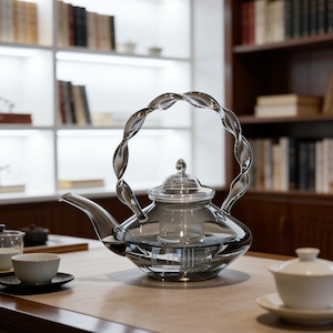 May include: A clear glass teapot with a twisted handle and a lid. The teapot has a curved spout and a round body. The teapot is sitting on a table with a cup and saucer. The background includes bookshelves.