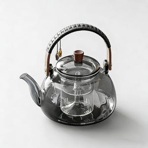 May include: A clear glass teapot with a dark grey tint, featuring a built-in infuser. It has a woven black handle with wooden accents and a wooden lid. Small decorative charms hang from the handle. The teapot is designed for brewing tea.