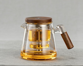 Glass Teapot with Push Button Infuser – Wood Handle, Hawk Spout, Heat-Resistant Brewing