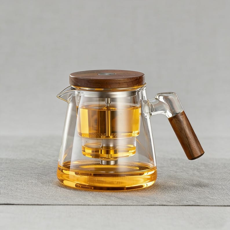 Glass Teapot with Push Button Infuser – Wood Handle, Hawk Spout, Heat-Resistant Brewing Clear 850ml/28.7oz