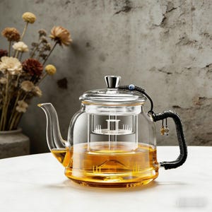May include: A clear glass teapot with a built-in infuser, filled with amber-coloured tea. The teapot has a black handle and a silver lid. The background features a vase of dried flowers and a textured grey wall.