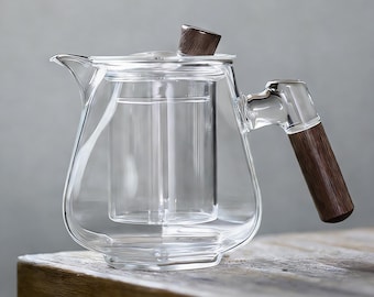 600ml Hexagonal Borosilicate Glass Teapot with Wooden Handle & Tea Infuser, Elegant Heat-Resistant Teaware for Tea Ceremony
