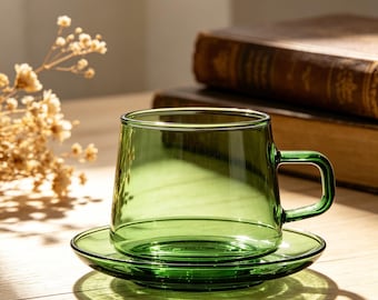 Vintage Amber Green Glass Coffee Cup Saucer Set with Spoon, Retro Cottagecore Tea Mug