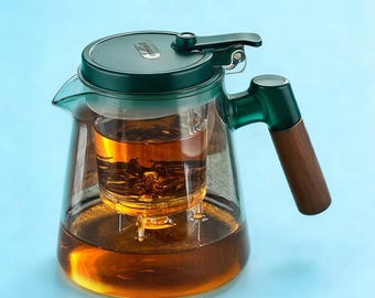 Bule de vidro para preparo de chá preguiçoso | Infusor de um clique e borosilicato resistente ao calor | Cabo de madeira para uso doméstico