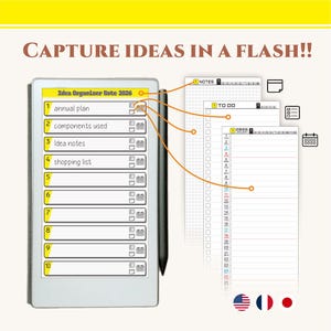 May include: A digital planner with the text "CAPTURE IDEAS IN A FLASH!!" and "Idea Organizer Note 2026." The planner includes sections for annual plans, components used, idea notes, and shopping lists. A stylus points to various sections.