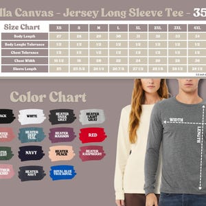 May include: A Bella Canvas Jersey Long Sleeve Tee, style 3501, with a size chart and color options. The size chart includes measurements for body length, chest width, and sleeve length in inches. Color options include black, white, and red.