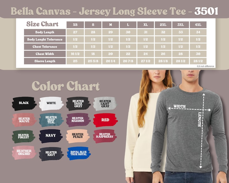 May include: A Bella Canvas Jersey Long Sleeve Tee, style 3501, with a size chart and color options. The size chart includes measurements for body length, chest width, and sleeve length in inches. Color options include black, white, and red.