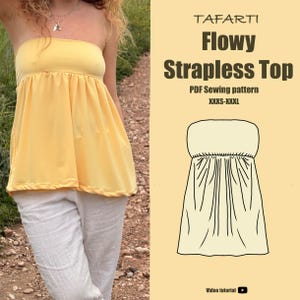 Flowy Strapless Top PDF Sewing Pattern | Video Tutorial | XXXS-XXXL | A0-A4-us Letter|