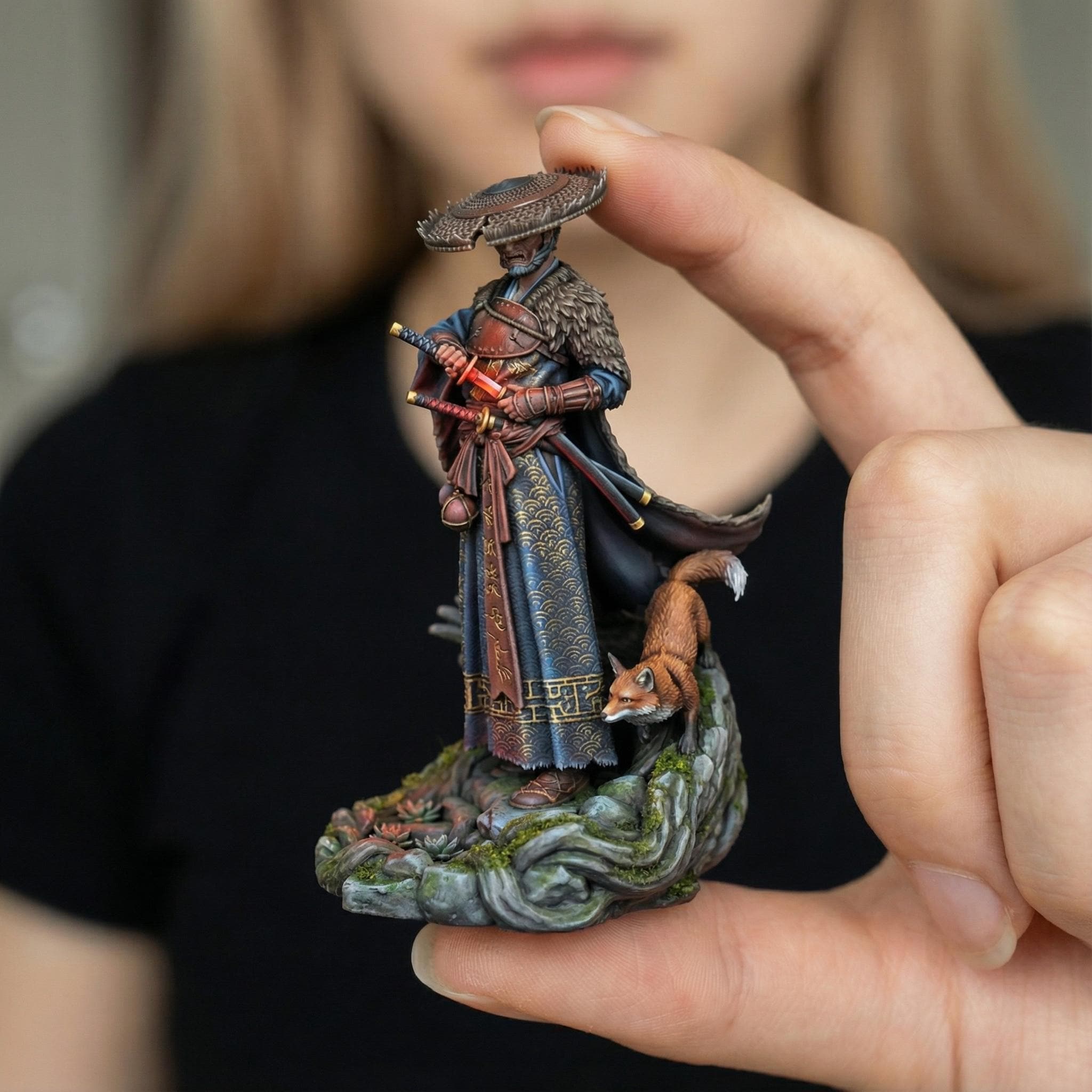 Samurai Ronin Miniature With Straw Hat & Fox Spirit – Japanese Fantasy ...