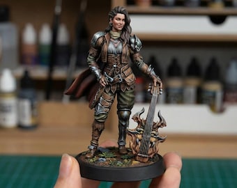 Female Bard Miniature with Fantasy Instrument – Painted Resin RPG Character – 32mm–75mm