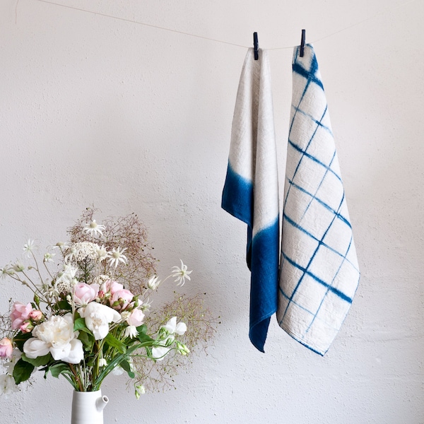Tinti a mano indaco naturale di lino Shibori Eco tè asciugamano cucina panno Australia associare e piega